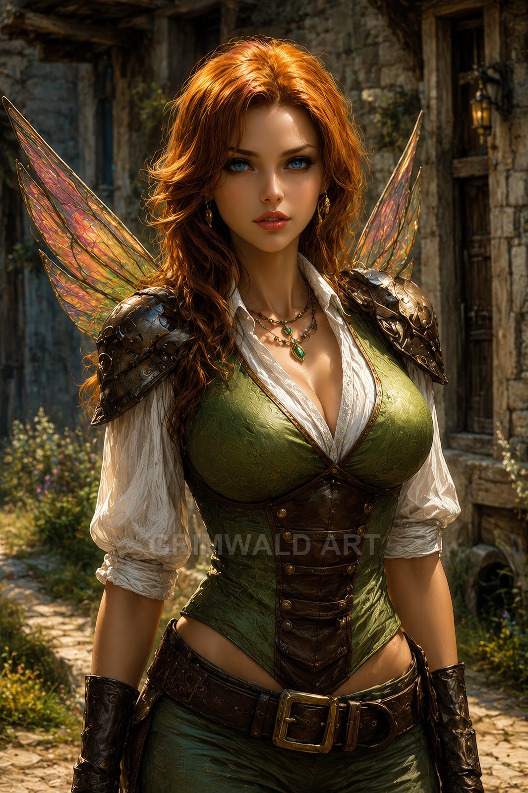 Red-haired fairy with iridescent wings and green leather corset armour stands on a sunlit cobblestone village street, meeting the viewer's gaze.