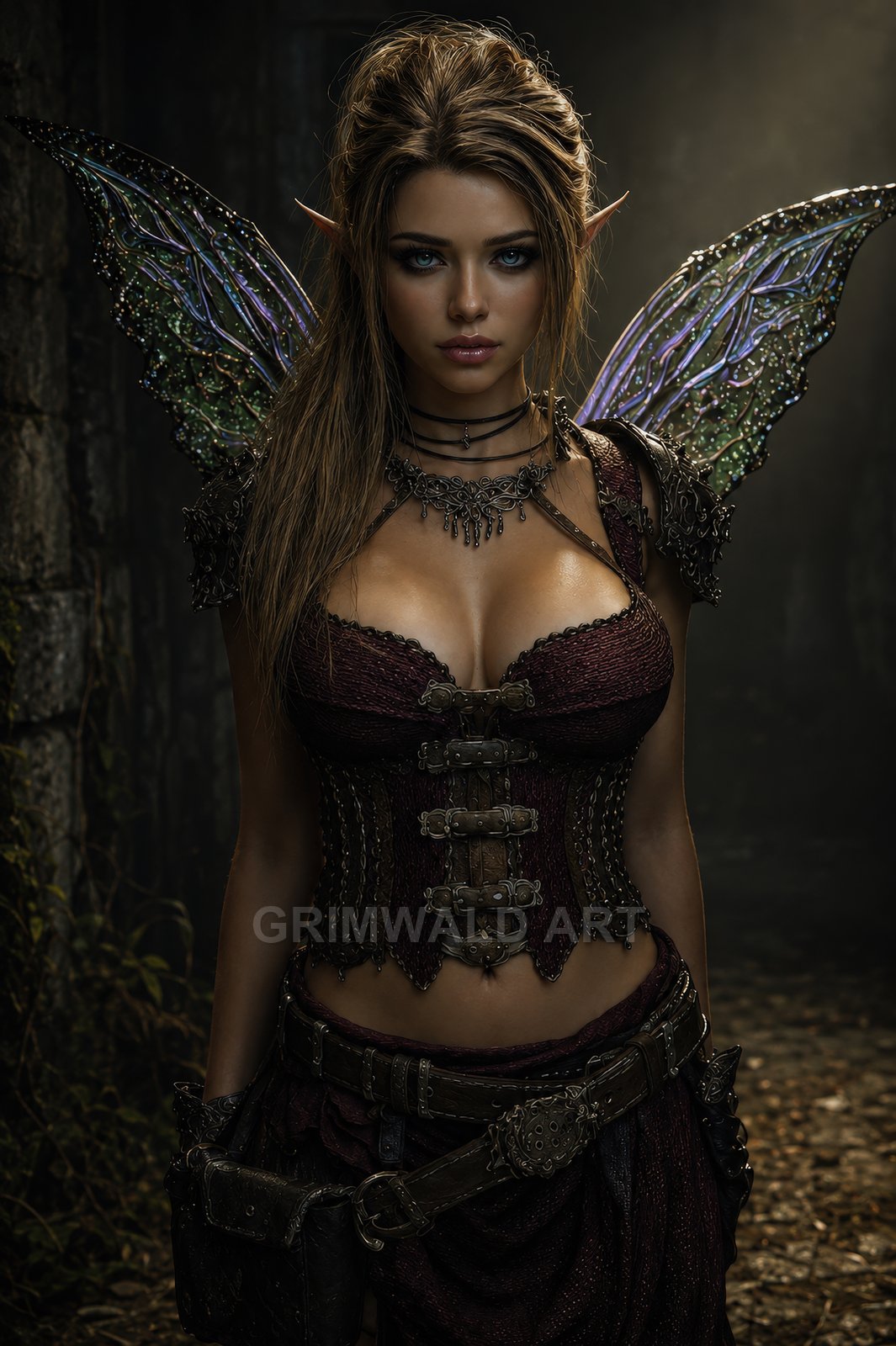 Armoured fairy woman with iridescent wings and pointed ears stands in a dim forest ruin, wearing leather corset, belts and choker jewellery.