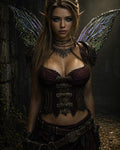 GRID THUMBNAIL — Armoured fairy woman with iridescent wings and pointed ears stands in a dim forest ruin, wearing leather corset, belts and choker jewellery.