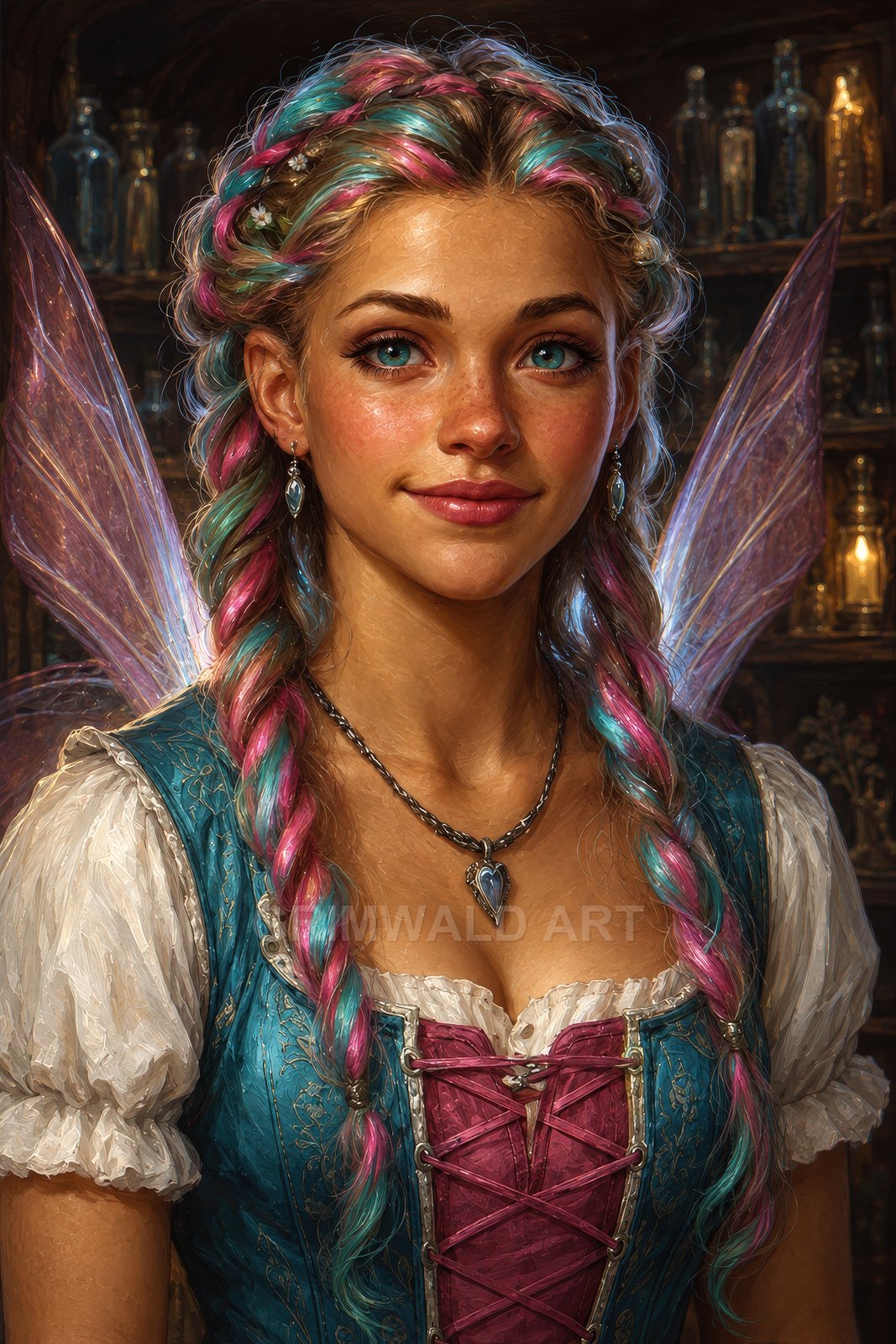 Firelit close-up of a female fae with iridescent wings, pastel teal-and-pink braids, teal bodice and heart pendant in an apothecary interior.