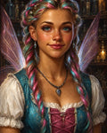 GRID THUMBNAIL — Firelit close-up of a female fae with iridescent wings, pastel teal-and-pink braids, teal bodice and heart pendant in an apothecary interior.