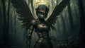 GRID THUMBNAIL — Armoured, winged android with halo and crown stands in a misty, shadowed forest at twilight, red eyes glowing, dark steampunk aesthetic.