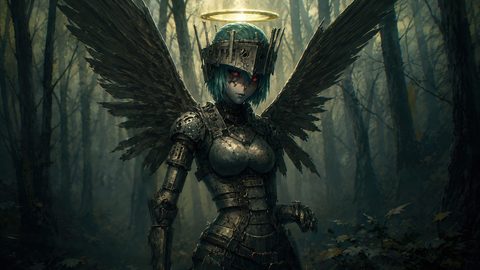 GRID THUMBNAIL — Armoured, winged android with halo and crown stands in a misty, shadowed forest at twilight, red eyes glowing, dark steampunk aesthetic.