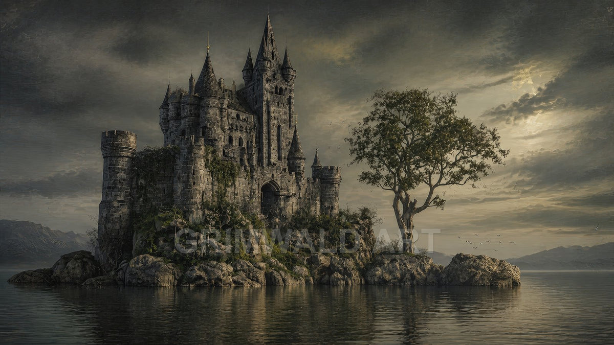 Grand stone castle on a rocky island beside a lone tree, reflected in a calm lake under moody clouds and soft golden light.