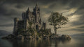 GRID THUMBNAIL — Grand stone castle on a rocky island beside a lone tree, reflected in a calm lake under moody clouds and soft golden light.