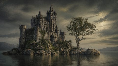 GRID THUMBNAIL — Grand stone castle on a rocky island beside a lone tree, reflected in a calm lake under moody clouds and soft golden light.