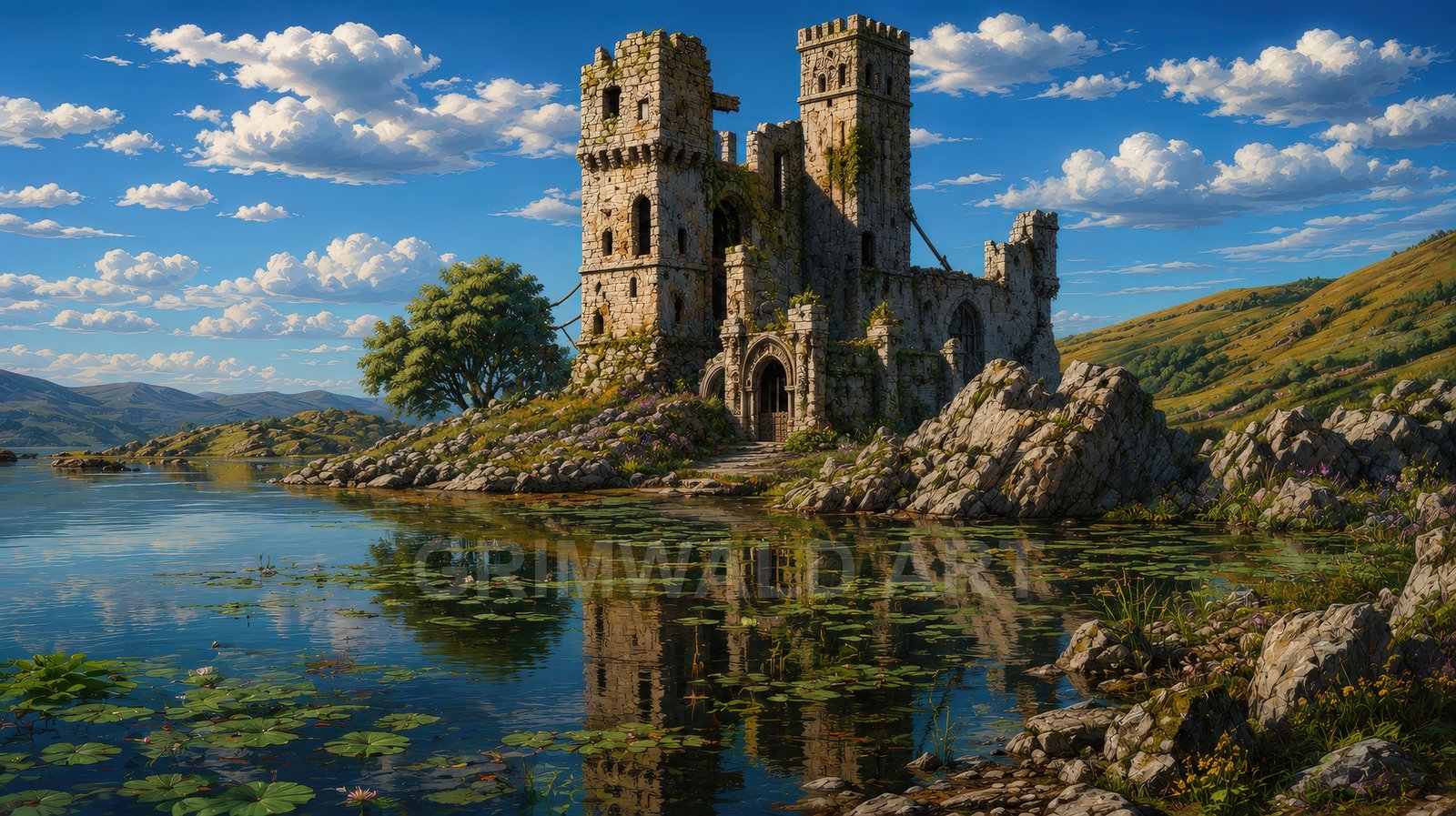 Sunlit stone castle ruin on a rocky islet reflected in a lily-dotted lake, surrounded by rolling hills and bright cumulus clouds.