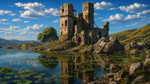 GRID THUMBNAIL — Sunlit stone castle ruin on a rocky islet reflected in a lily-dotted lake, surrounded by rolling hills and bright cumulus clouds.