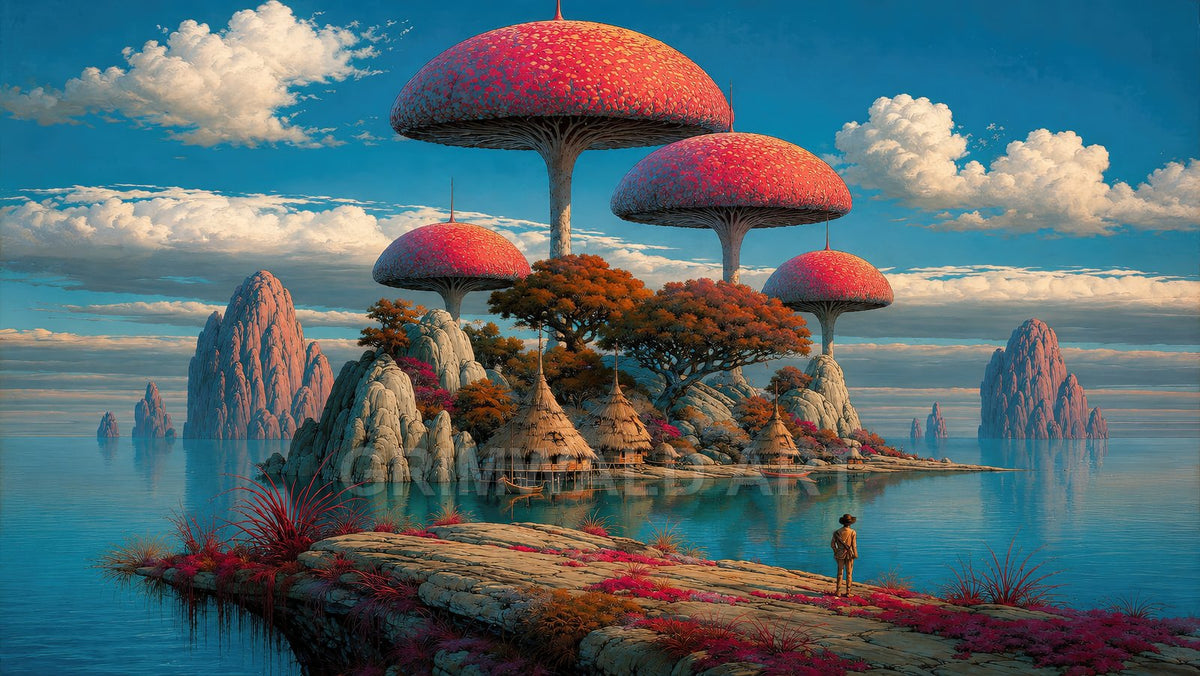 Fantasy seascape of rocky islands with enormous red-capped mushrooms, stilted huts and boats, distant spires, and a lone traveller under a bright blue sky.