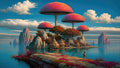 GRID THUMBNAIL — Fantasy seascape of rocky islands with enormous red-capped mushrooms, stilted huts and boats, distant spires, and a lone traveller under a bright blue sky.
