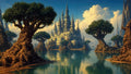 GRID THUMBNAIL — Ornate white castle with soaring spires rises from rocky islets amid a turquoise lagoon, framed by colossal gnarled trees under billowing clouds.