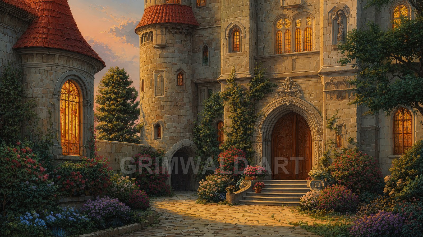 Warm evening light glows through arched windows of a stone castle, ivy and flowers lining a quiet cobbled courtyard beneath a pink sky.