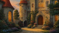 GRID THUMBNAIL — Warm evening light glows through arched windows of a stone castle, ivy and flowers lining a quiet cobbled courtyard beneath a pink sky.