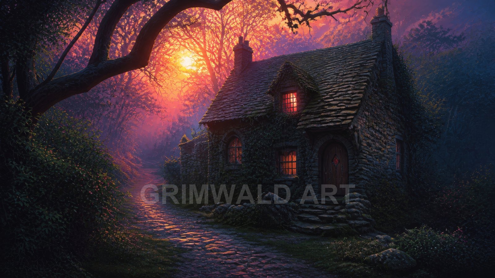 Stone cottage with glowing windows beside a cobblestone path in a twilight forest, bathed in warm orange-purple sunset light beneath arching branches.