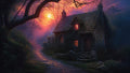 GRID THUMBNAIL — Stone cottage with glowing windows beside a cobblestone path in a twilight forest, bathed in warm orange-purple sunset light beneath arching branches.