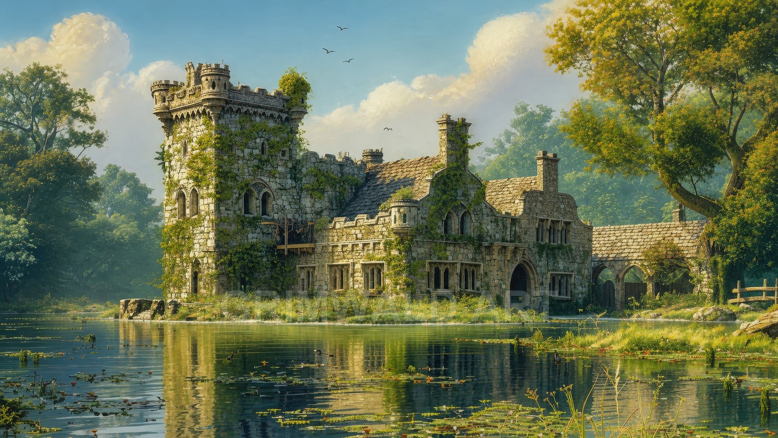 An ivy-covered stone castle with turret beside a tranquil lake, reflected in clear water with lilies, surrounding trees, birds, and warm golden light.