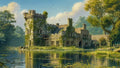 GRID THUMBNAIL — An ivy-covered stone castle with turret beside a tranquil lake, reflected in clear water with lilies, surrounding trees, birds, and warm golden light.