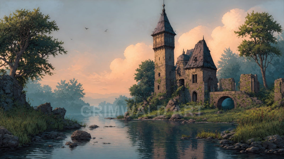 A serene river curves past an ivy-clad ruined castle and arched stone bridge at golden hour, with soft clouds, trees, and distant hazy hills.