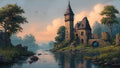 GRID THUMBNAIL — A serene river curves past an ivy-clad ruined castle and arched stone bridge at golden hour, with soft clouds, trees, and distant hazy hills.