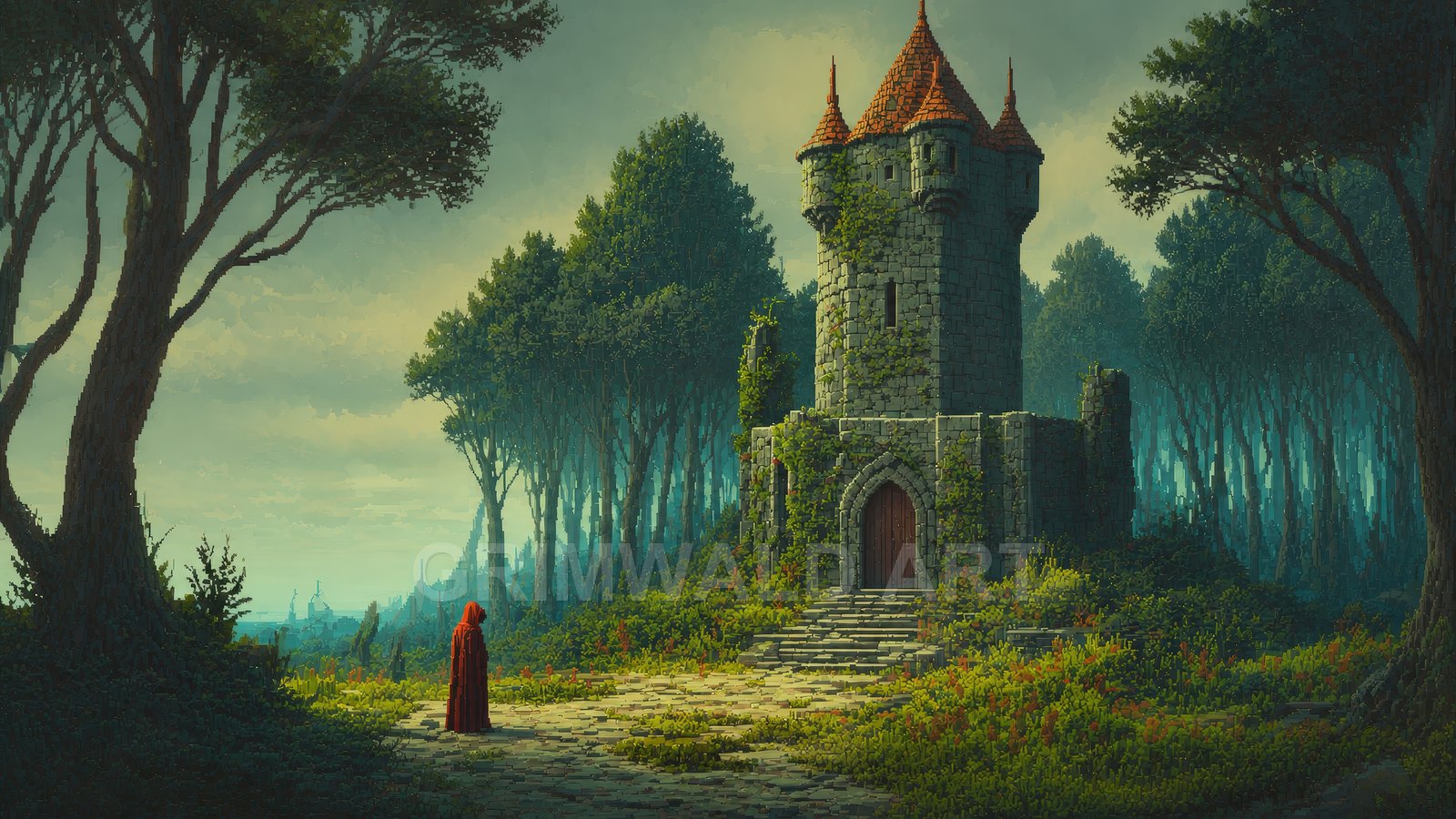 A lone figure in a red cloak approaches an ivy-covered stone watchtower in a dense forest, under soft daylight with misty blue-green tones.
