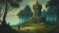 GRID THUMBNAIL — A lone figure in a red cloak approaches an ivy-covered stone watchtower in a dense forest, under soft daylight with misty blue-green tones.