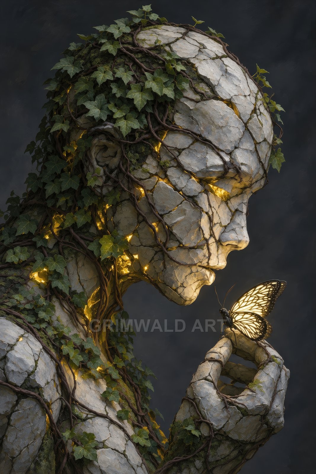 A vine-covered stone humanoid in profile holds a glowing butterfly on its fingertip, golden light shining through cracks against a dark background.