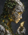 GRID THUMBNAIL — A vine-covered stone humanoid in profile holds a glowing butterfly on its fingertip, golden light shining through cracks against a dark background.