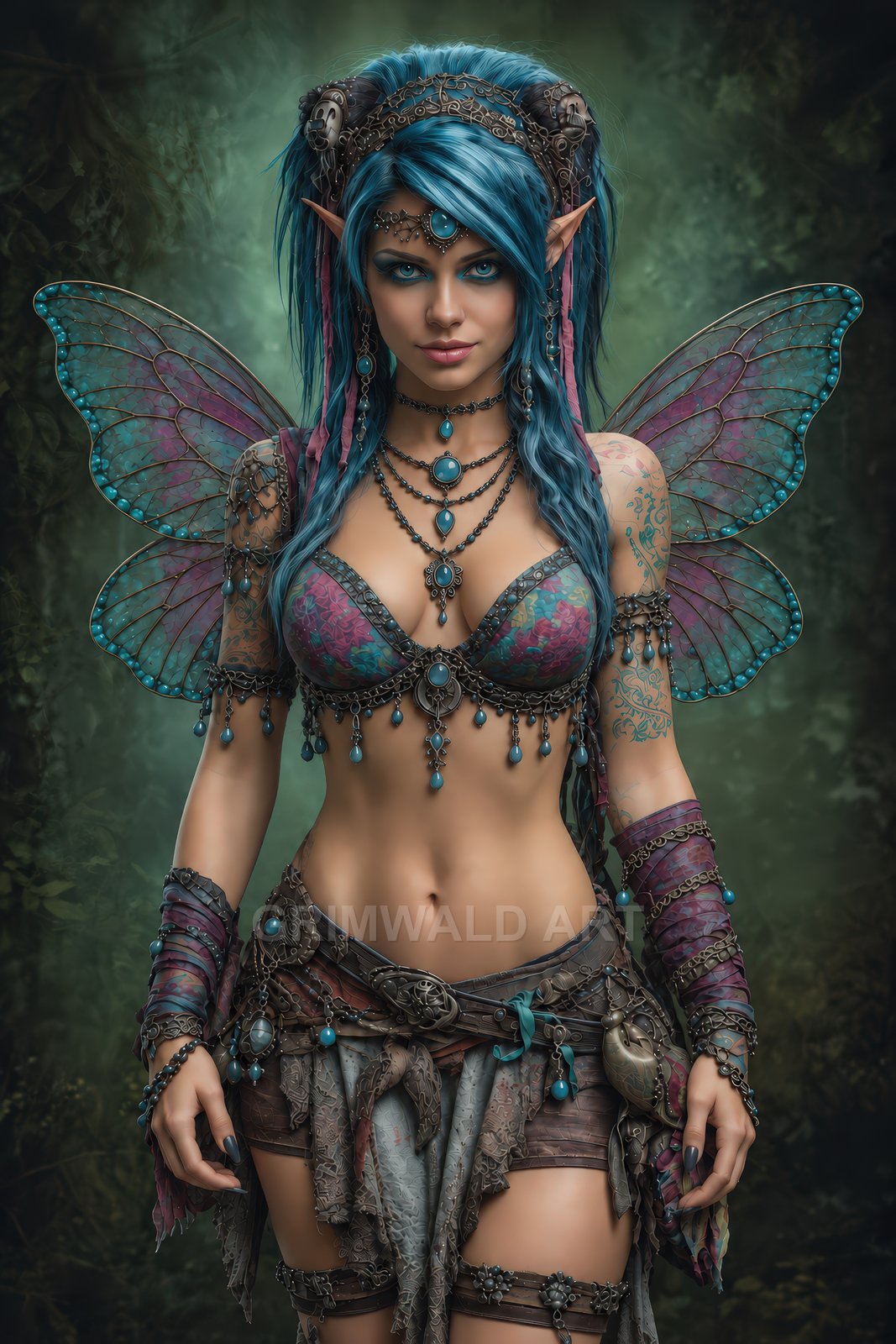 Blue-haired fae woman with iridescent wings and ornate turquoise jewellery stands in a misty forest, gazing forward with poised, mysterious calm.