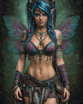 GRID THUMBNAIL — Blue-haired fae woman with iridescent wings and ornate turquoise jewellery stands in a misty forest, gazing forward with poised, mysterious calm.