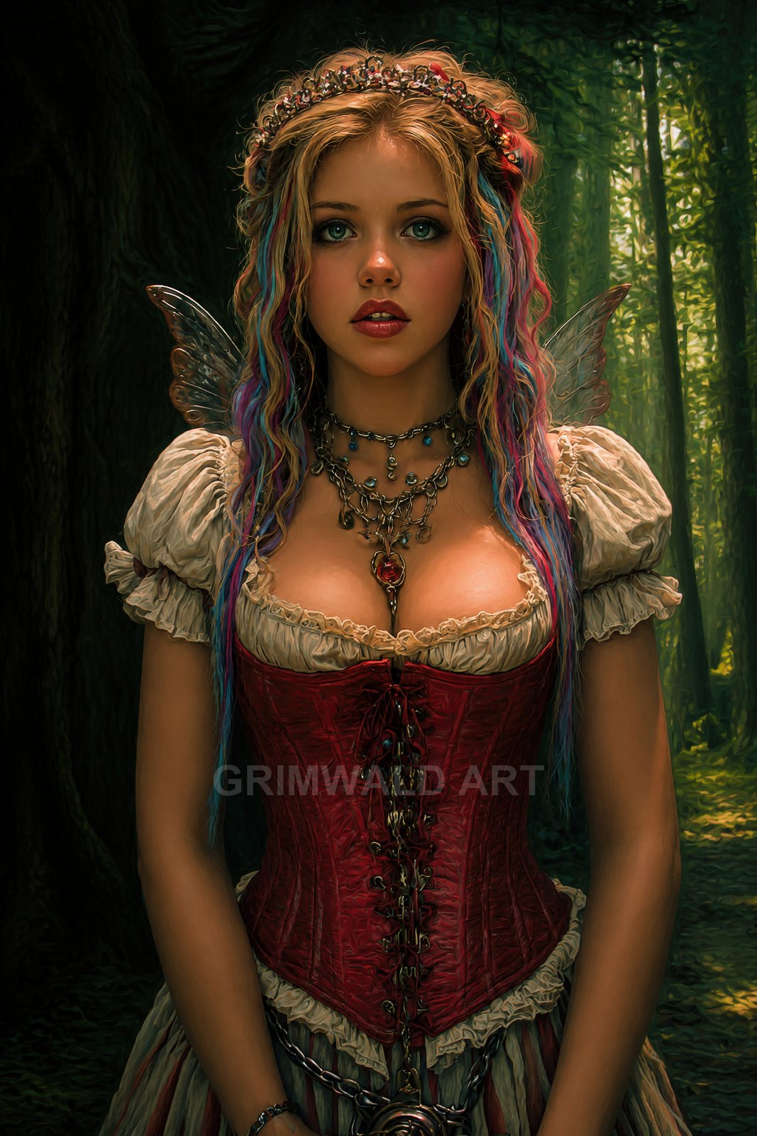 A young fairy with translucent wings and colourful hair stands in a sunlit forest, wearing a red corset, tiara, and layered necklaces.