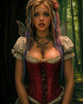 GRID THUMBNAIL — A young fairy with translucent wings and colourful hair stands in a sunlit forest, wearing a red corset, tiara, and layered necklaces.