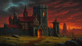 GRID THUMBNAIL — Pixel-art medieval stone castle with red roofs glows at sunset, under dark dramatic clouds on a barren plain with distant rocky spires.