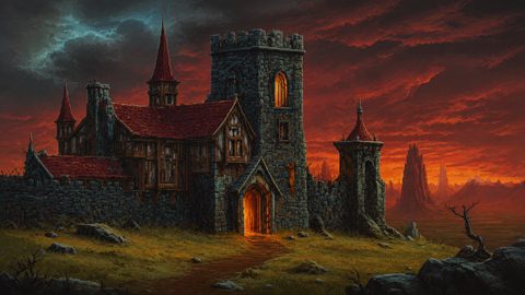 GRID THUMBNAIL — Pixel-art medieval stone castle with red roofs glows at sunset, under dark dramatic clouds on a barren plain with distant rocky spires.