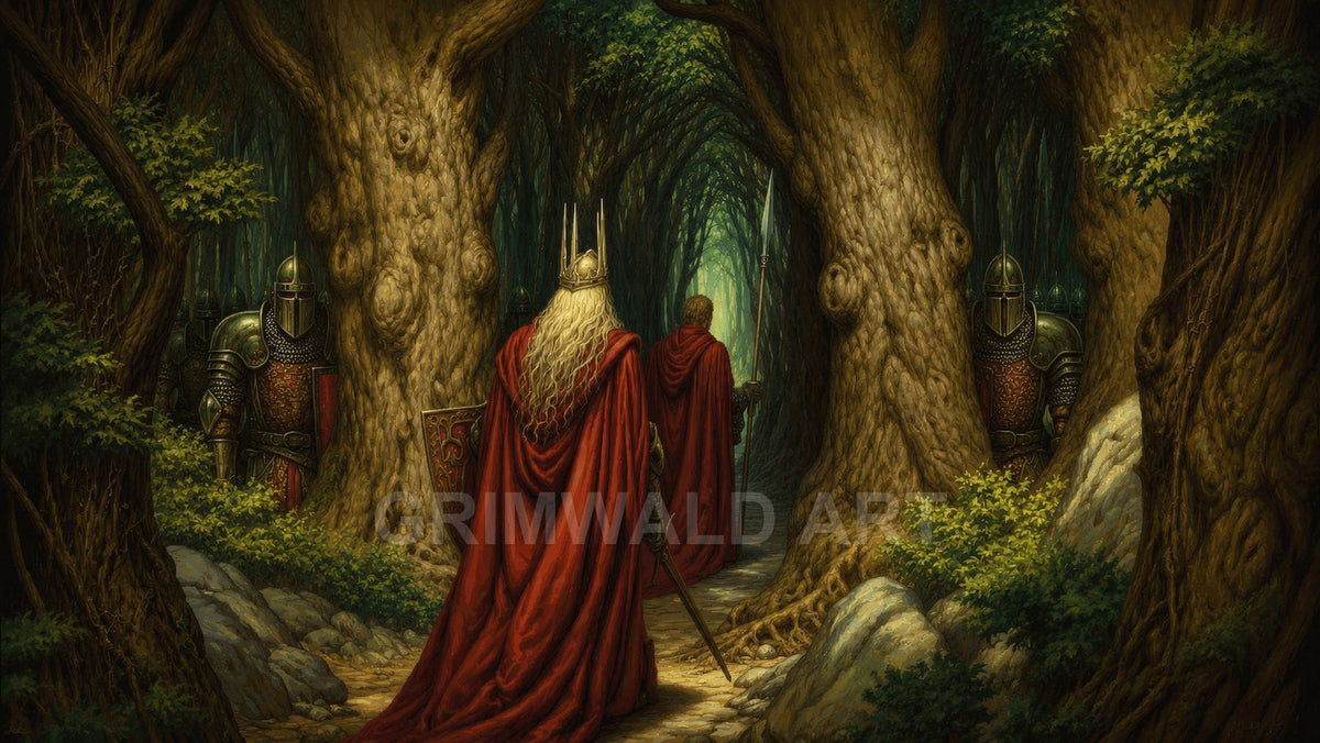 Cloaked figures and armoured knights proceed along a winding forest path between towering gnarled trees, their red capes vivid against deep green woodland light.