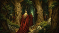 GRID THUMBNAIL — Cloaked figures and armoured knights proceed along a winding forest path between towering gnarled trees, their red capes vivid against deep green woodland light.