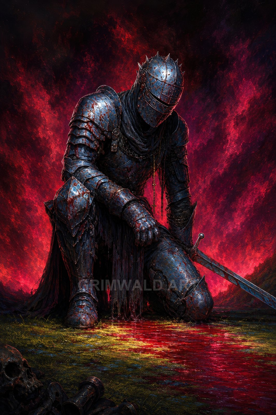 A battle-worn armoured knight kneels beside a rippling pool of blood, gripping a sword under a searing crimson, firelit sky with scattered skulls.