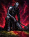 GRID THUMBNAIL — A battle-worn armoured knight kneels beside a rippling pool of blood, gripping a sword under a searing crimson, firelit sky with scattered skulls.