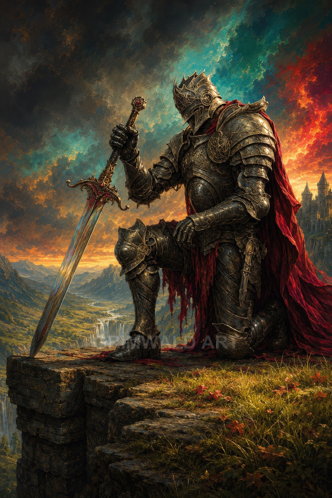 A heavily armoured knight kneels on a cliff edge, gripping an ornate sword, with a tattered red cape, sunset sky, and distant castle above waterfall.