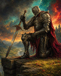 GRID THUMBNAIL — A heavily armoured knight kneels on a cliff edge, gripping an ornate sword, with a tattered red cape, sunset sky, and distant castle above waterfall.