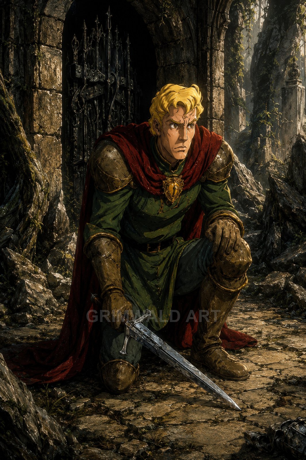 Armoured knight with red cloak kneels on stone path, gripping a longsword before a vine-covered ruin and iron gate, in warm, dramatic light.