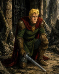 GRID THUMBNAIL — Armoured knight with red cloak kneels on stone path, gripping a longsword before a vine-covered ruin and iron gate, in warm, dramatic light.