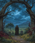 GRID THUMBNAIL — A lone armoured figure in a dark cloak stands beneath a gnarled stone arch, overlooking graves and a twilight valley under stormy clouds.
