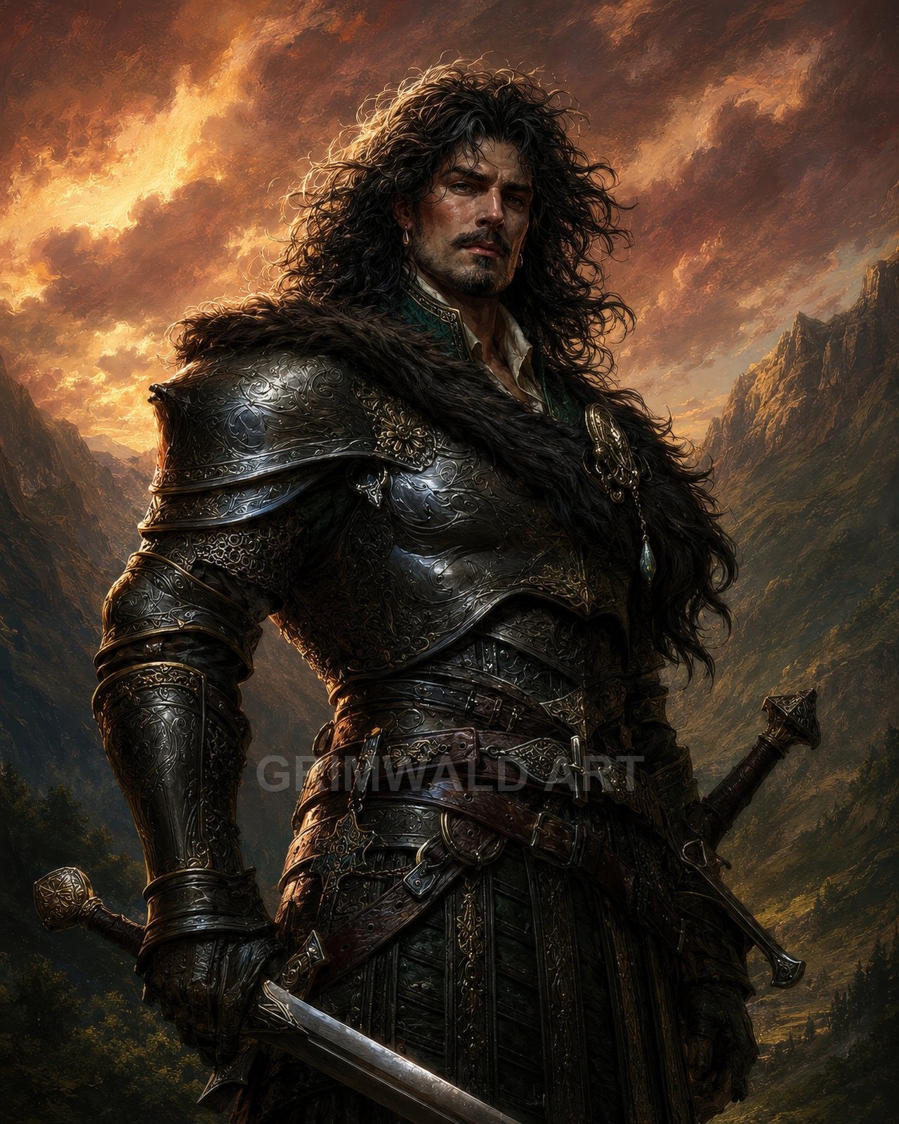 Dark-haired male knight in ornate engraved armour with fur mantle stands gripping a sword before a dramatic sunset sky over a rugged mountain valley.