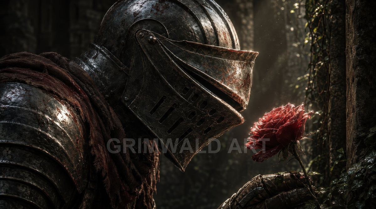 Close-up of a weathered armoured knight gently holding a dewy red rose in ivy-choked stone ruins, lit by warm sunbeams in a moody forest.