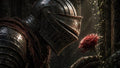 GRID THUMBNAIL — Close-up of a weathered armoured knight gently holding a dewy red rose in ivy-choked stone ruins, lit by warm sunbeams in a moody forest.