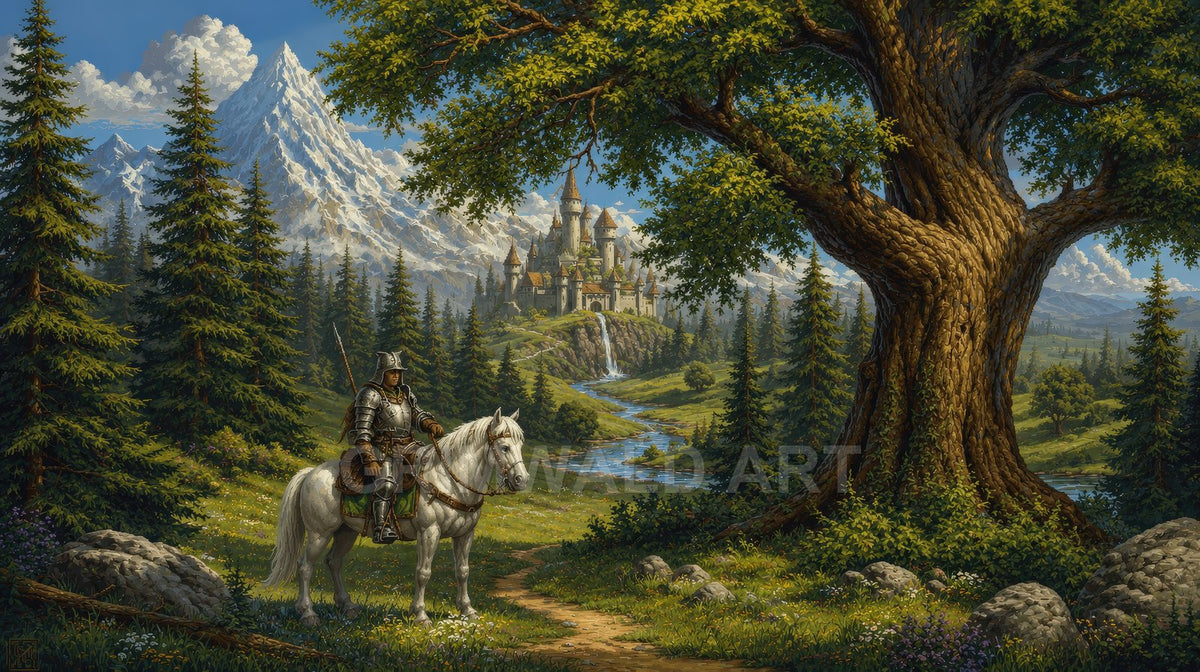 A knight on a white horse pauses beneath a great tree, gazing toward a riverside castle amid pine forests and snowy mountains in daylight.