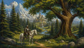 GRID THUMBNAIL — A knight on a white horse pauses beneath a great tree, gazing toward a riverside castle amid pine forests and snowy mountains in daylight.