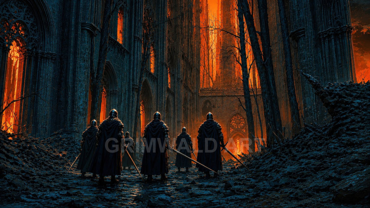 Armoured knights with swords stand amid rubble before a towering gothic cathedral, its windows blazing orange with firelight against dark, ruined stone.