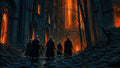 GRID THUMBNAIL — Armoured knights with swords stand amid rubble before a towering gothic cathedral, its windows blazing orange with firelight against dark, ruined stone.