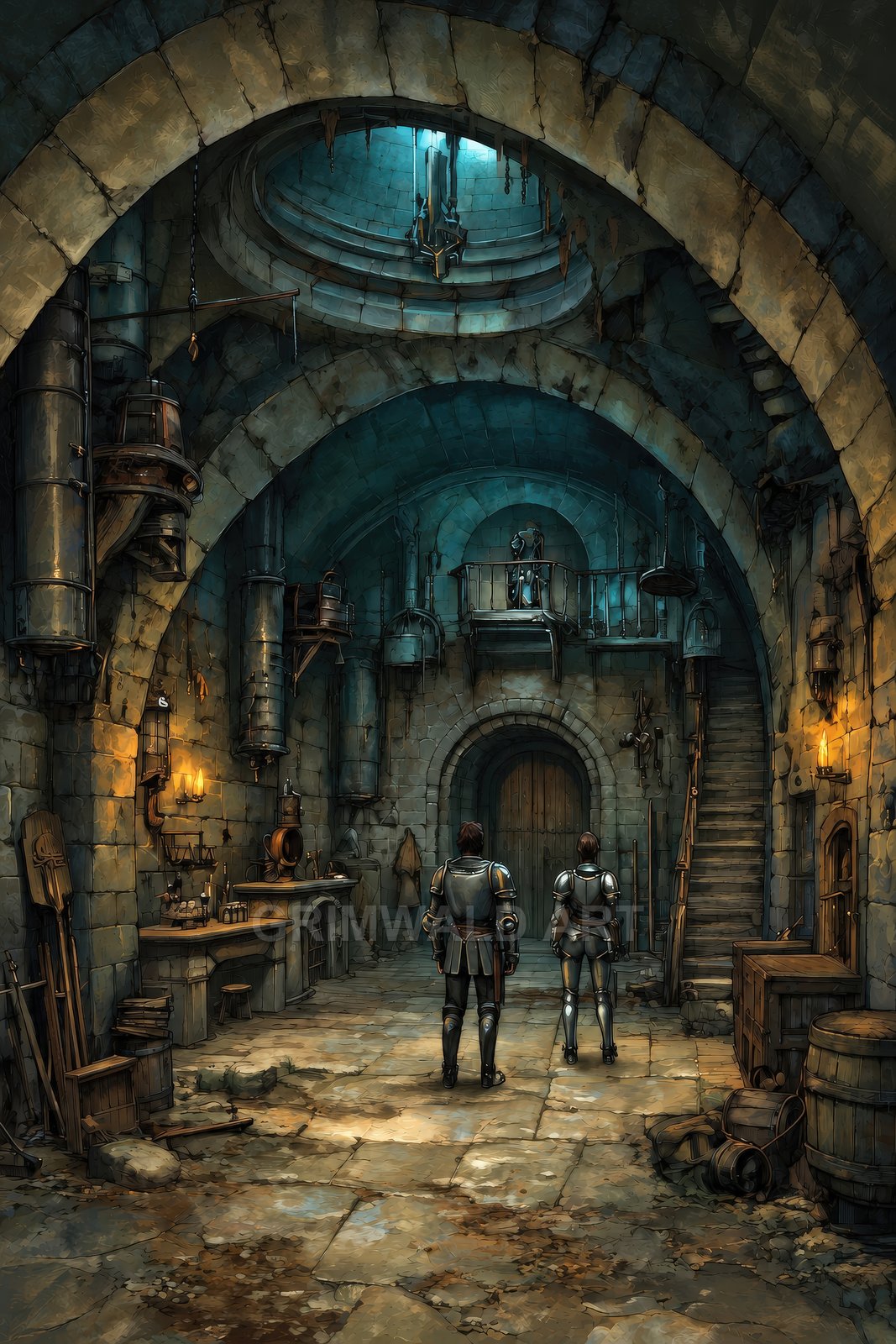 Two armoured knights stand in a torchlit stone dungeon beneath a circular oculus, surrounded by chains, barrels, stairs, and arcane machinery.